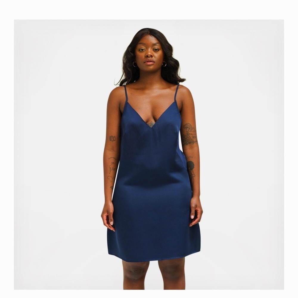 NEW! ETTITUDE Navy Blue Sateen Slip Dress, Size S